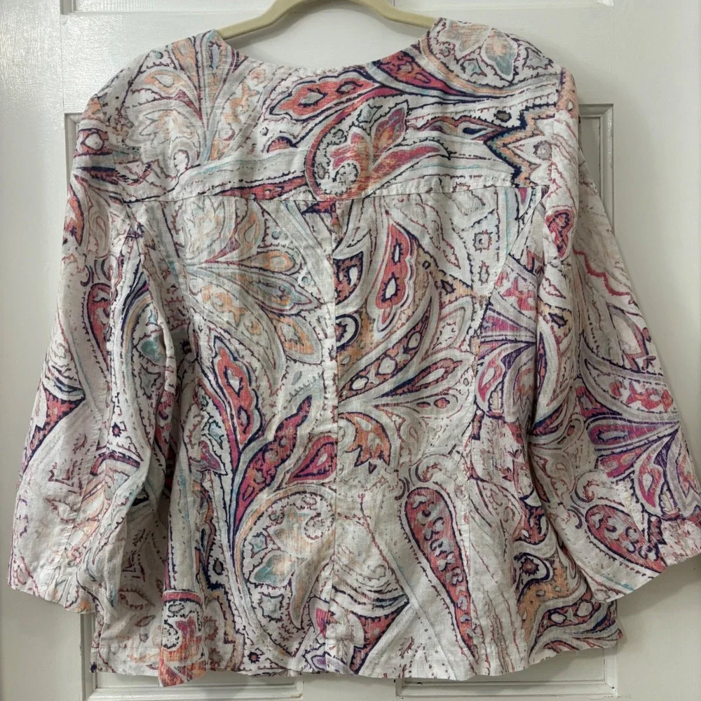 Chico's Linen Zip Up Jacket Shacket Sz 3 (XL) Boho Chic Coastal Paisley Career